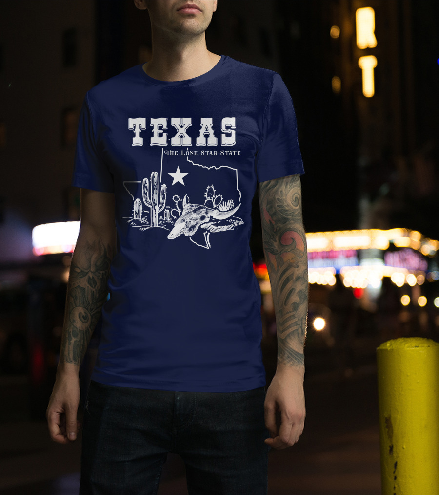 Texas The Lone Star State Map Outline With Cactus And Bull Skull T-Shirt