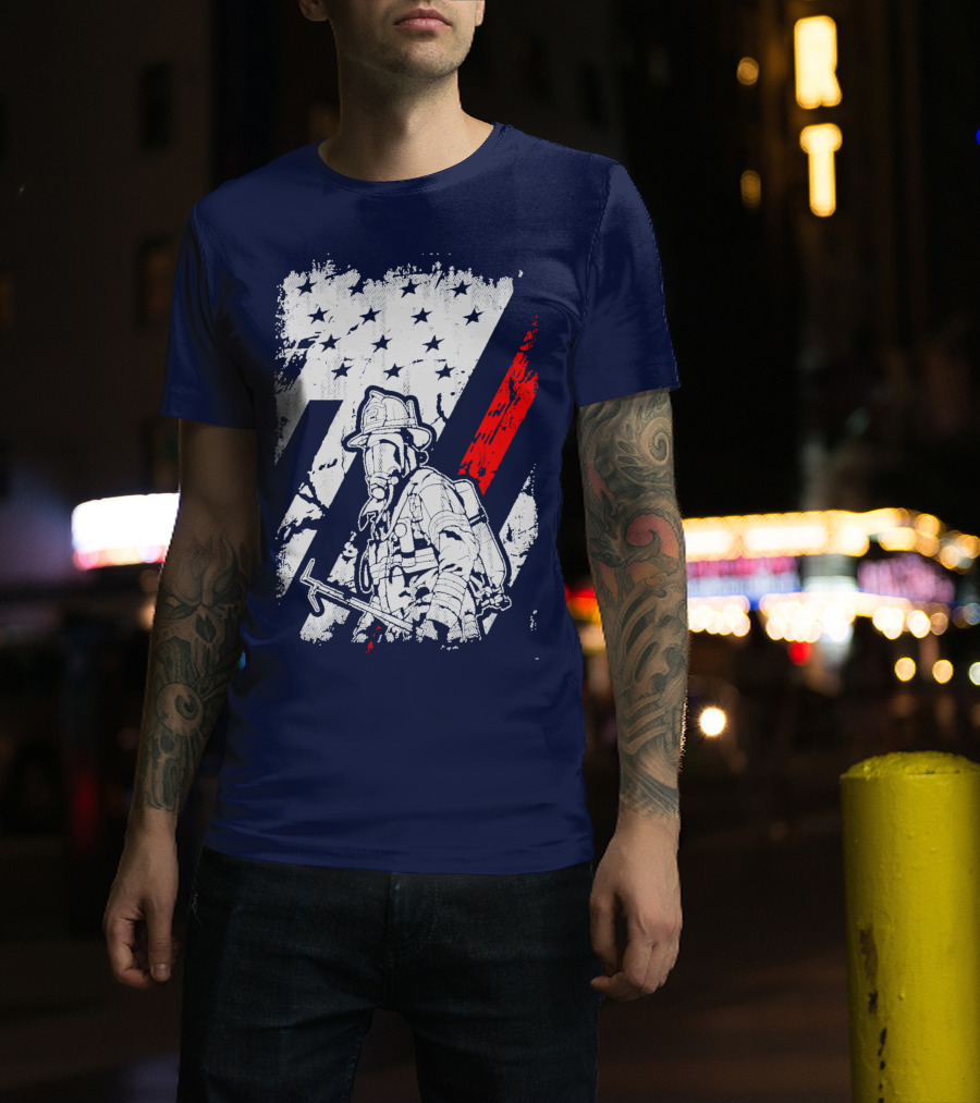 The Firefighters American Flag Tribute Heroic Firefighter With Axe And Stars And Stripes T-Shirt