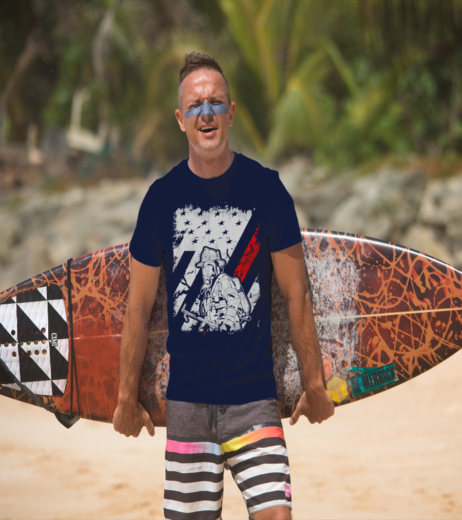 The Firefighters American Flag Tribute Heroic Firefighter With Axe And Stars And Stripes T-Shirt