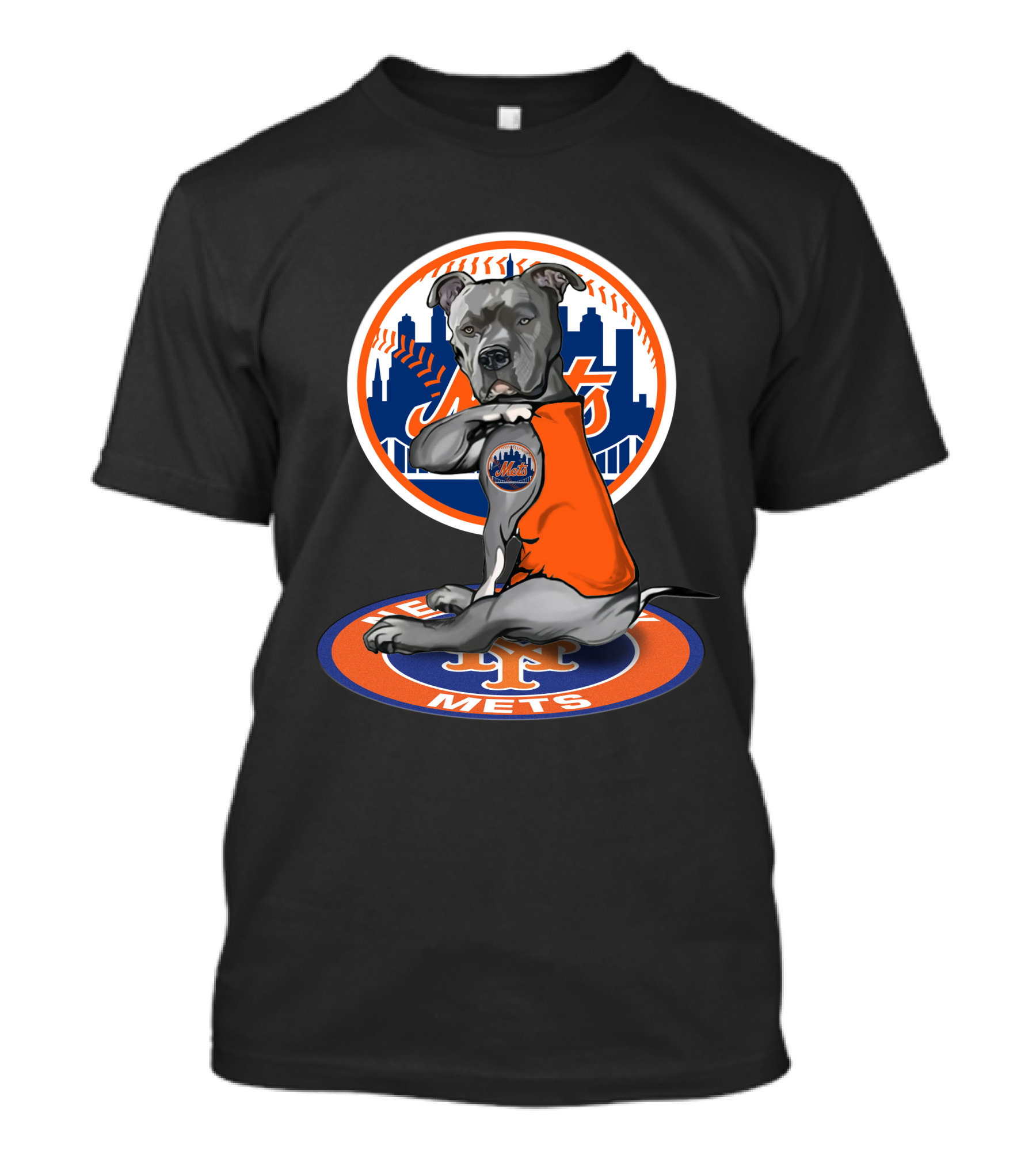 New York Mets Dog In Orange Shirt With Team Logo And Skyline T-Shirt