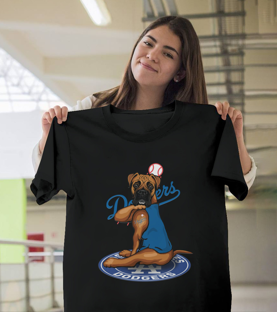 Los Angeles Dodgers Boxer Dog With Baseball And Logo Elements T-Shirt