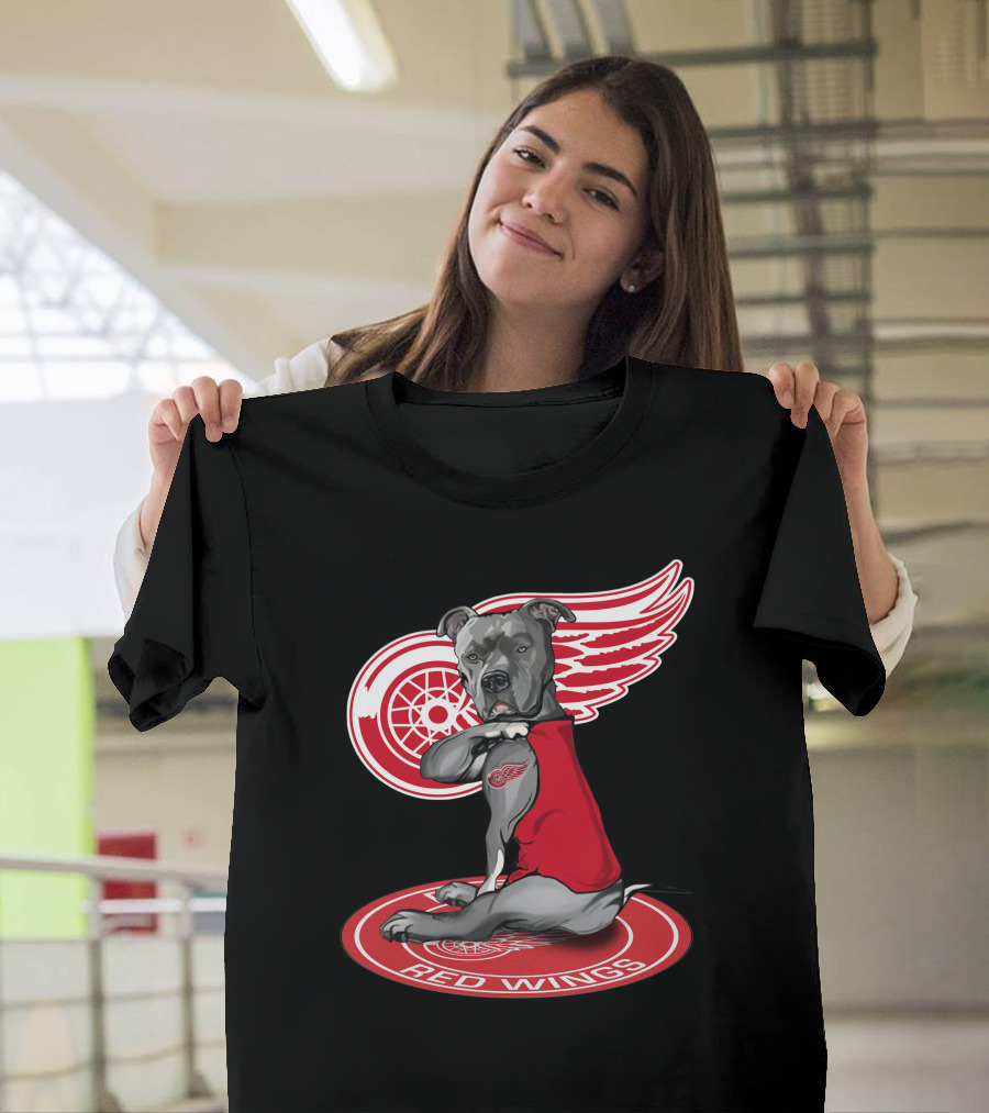 Detroit Red Wings Dog With Logo Wings And Red Vest T-Shirt