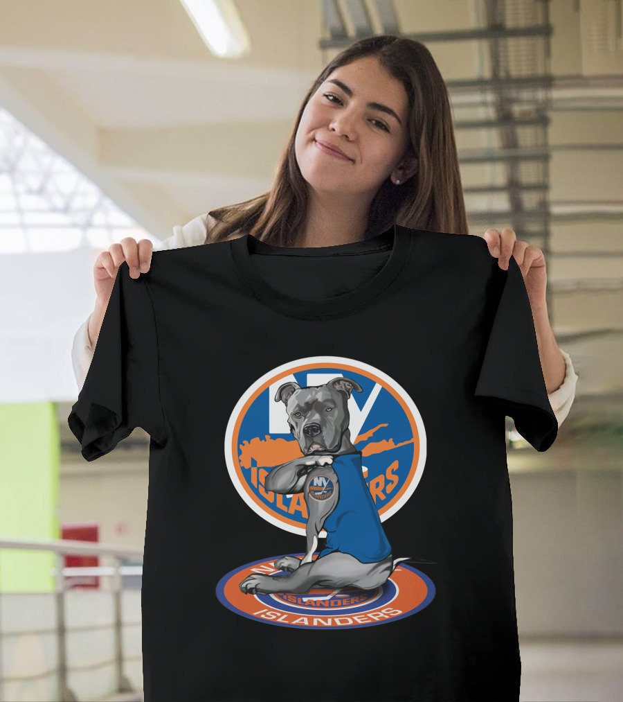 NY Islanders Dog Wearing Team Logo with Circular Orange T-Shirt