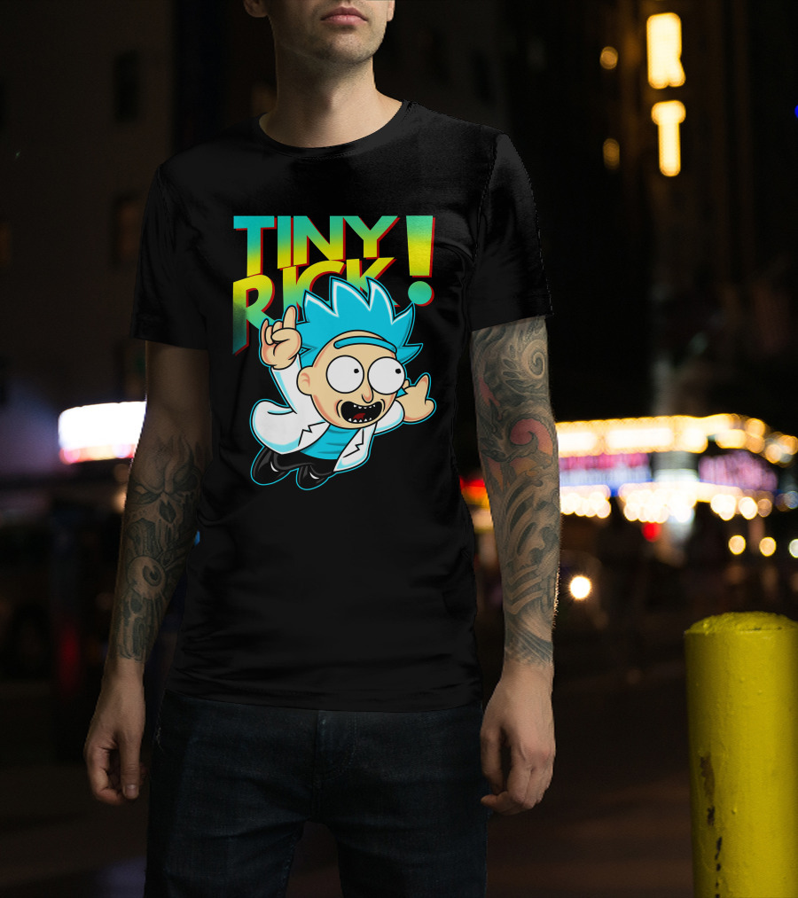 Tiny Rick Flying Character With Blue Hair And White Lab Coat T-Shirt