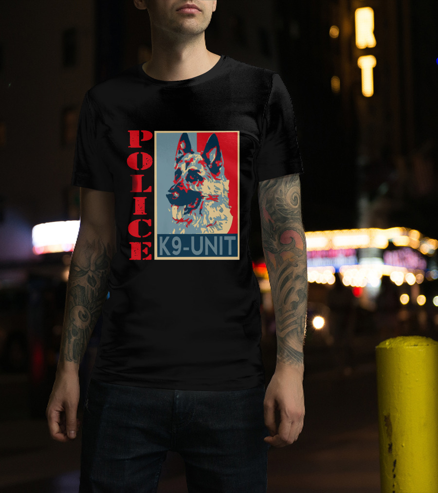 POLICE K9 UNIT Shepherd Portrait In Red Blue And Beige T-Shirt