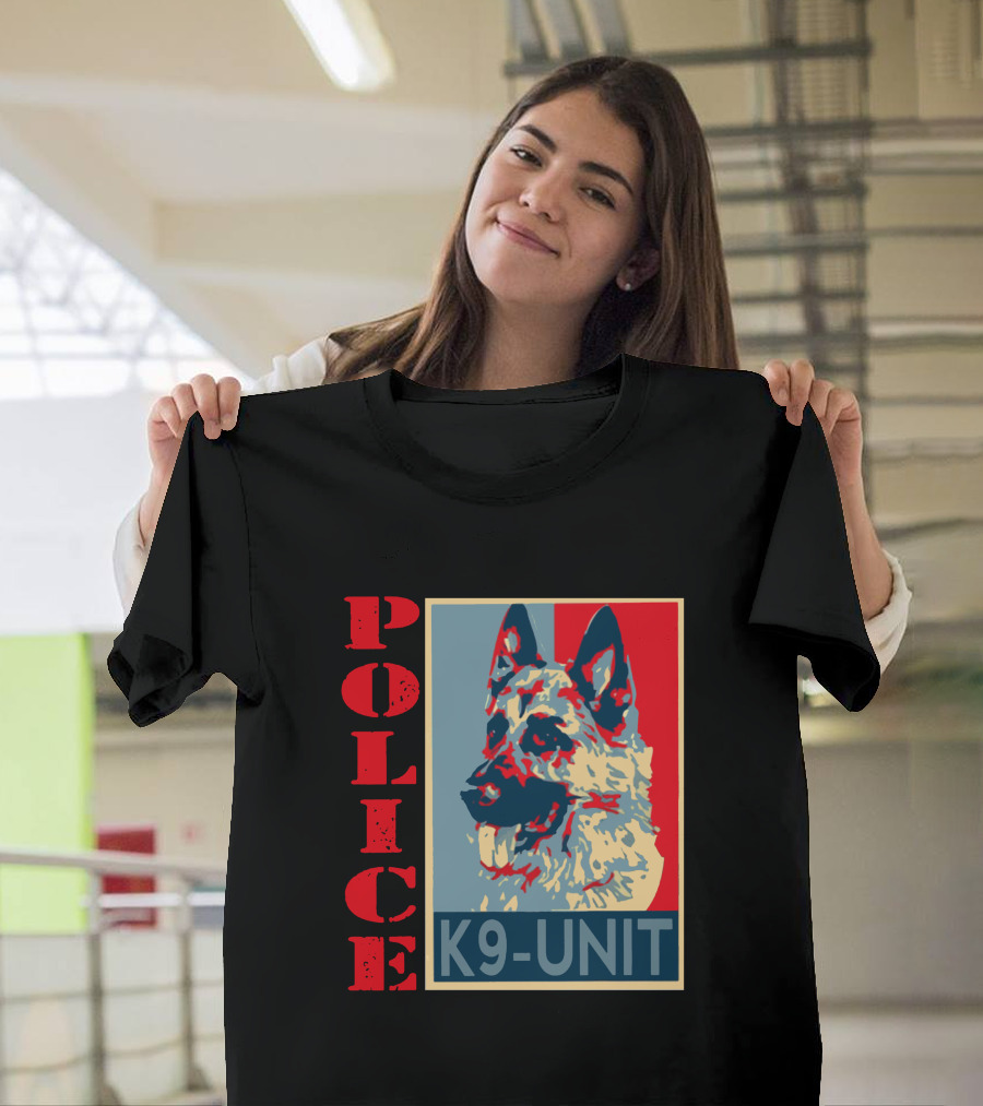 POLICE K9 UNIT Shepherd Portrait In Red Blue And Beige T-Shirt