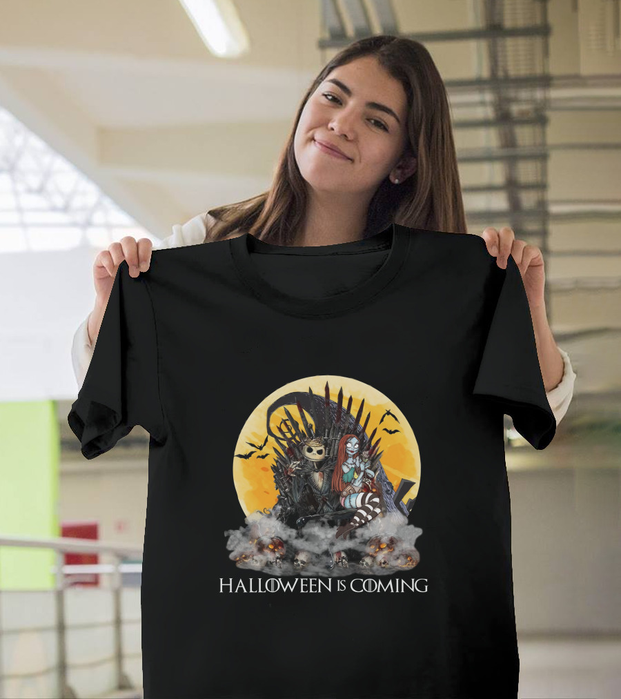 Halloween Is Coming With Skeleton King And Gothic Queen Throne Moon Bats Skulls T-Shirt