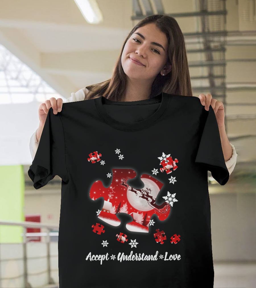Accept Understand Love Autism Puzzle Christmas Snowflakes Santa Sleigh T-Shirt