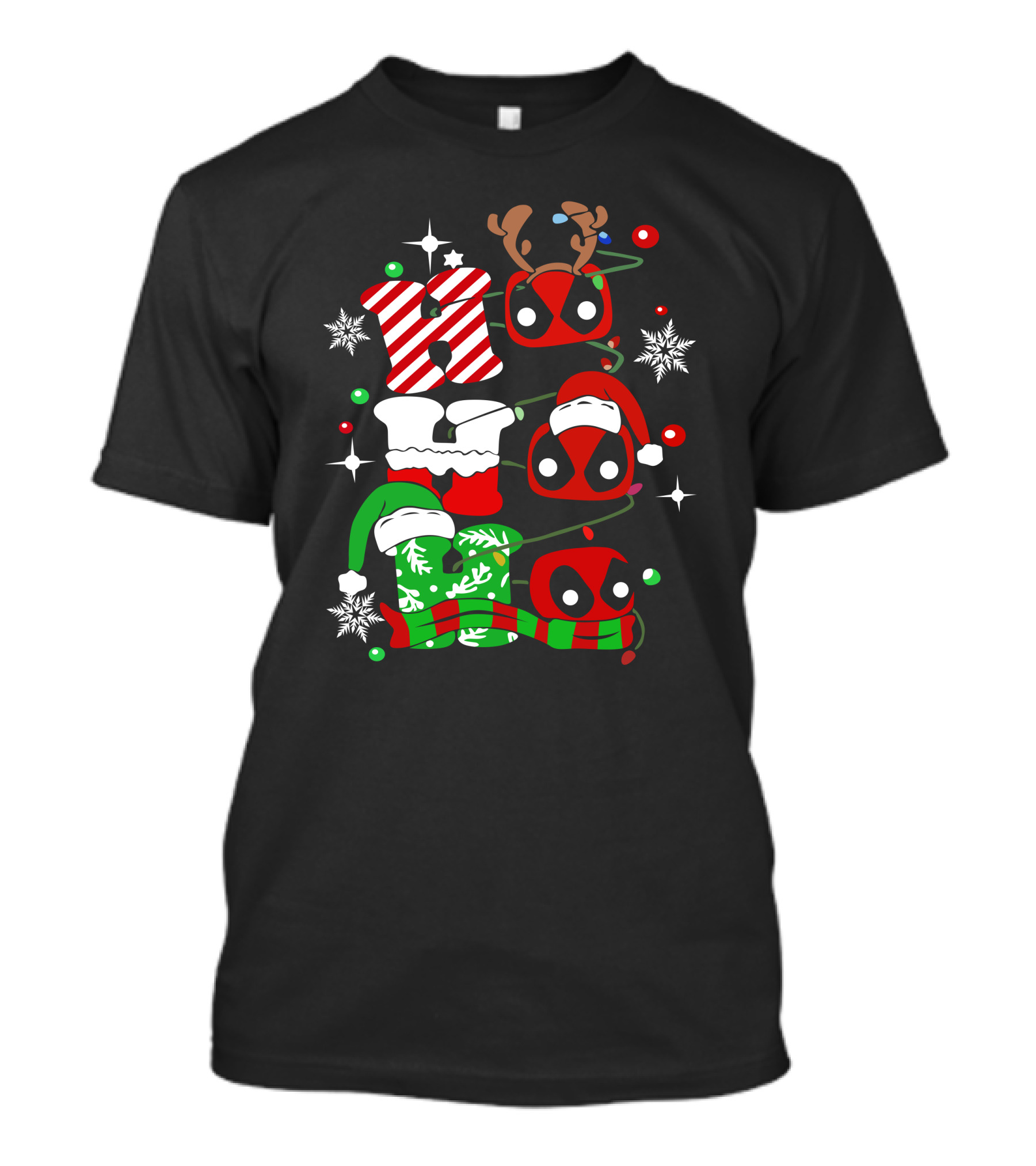 Deadpool Ho Ho Ho Christmas Reindeer Antlers Santa Hat Snowflakes T-Shirt