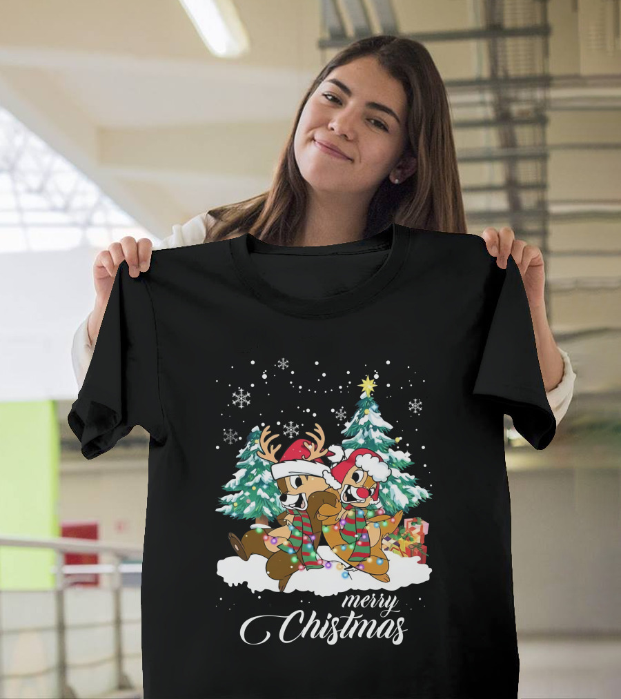 Merry Christmas Chip And Dale Holiday Cheer Reindeer Antlers Santa Hats Winter Wonderland T-Shirt
