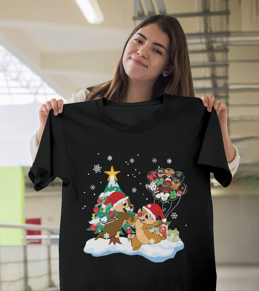 Chip And Dale Christmas Tree Santa Hats Snowflakes Balloons T-Shirt
