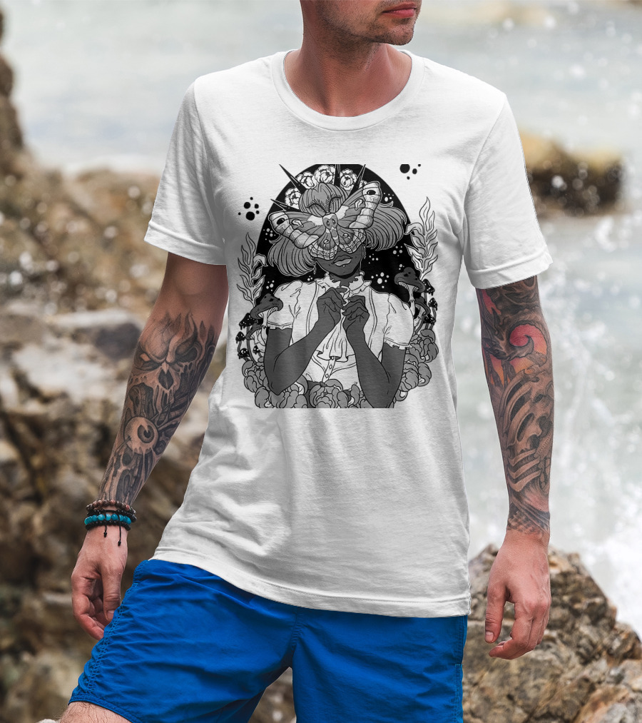 Moth The Seer Mystical Vision With Mushrooms And Floral Elements T-Shirt