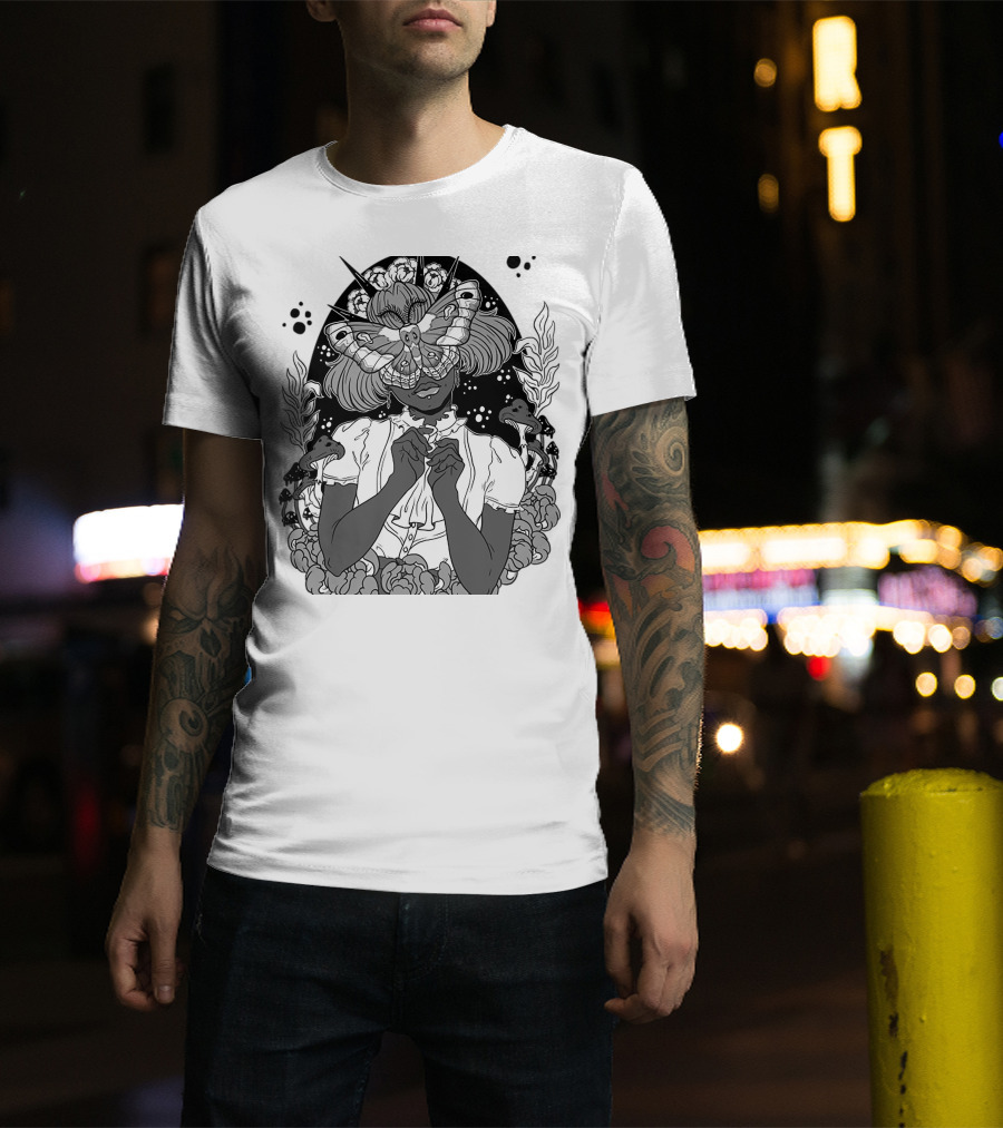 Moth The Seer Mystical Vision With Mushrooms And Floral Elements T-Shirt