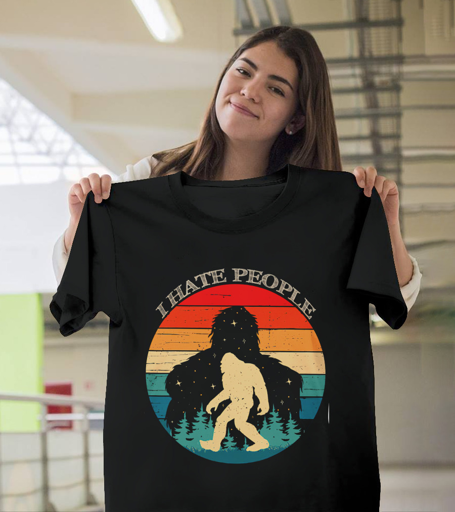 I Hate People Bigfoot Retro Sunset Forest Scene T-Shirt