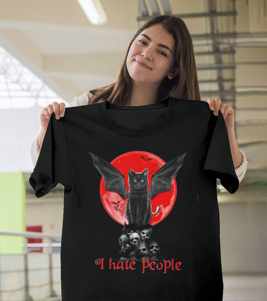 I Hate People Black Cat Bat Wings Skulls Red Moon T-Shirt