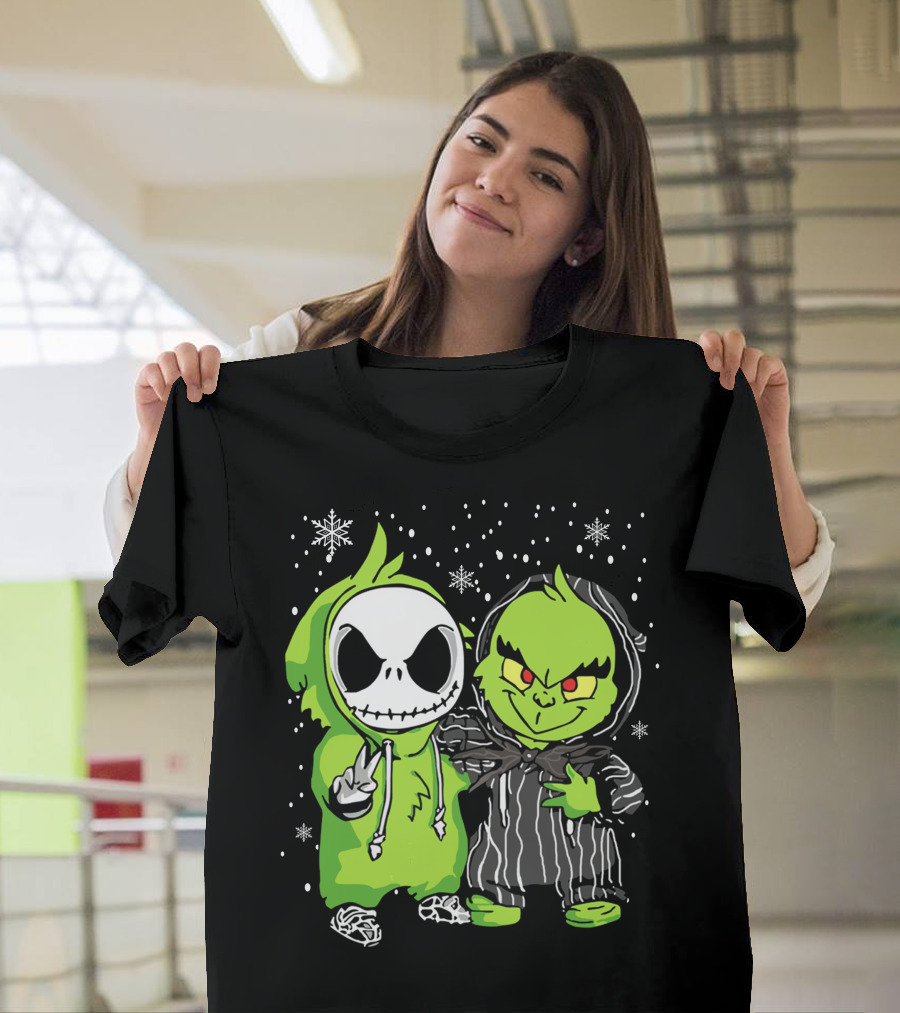 Grinch And Jack Skeleton Snowflake Hoodie Duo T-Shirt
