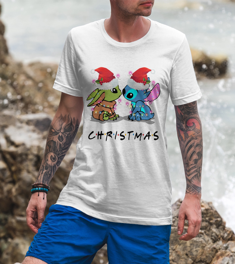 Yoda And Stitch Christmas Santa Hats Holiday Lights T-Shirt