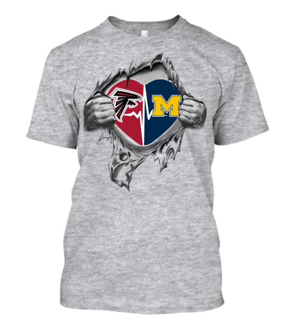 Heart Of Michigan Wolverines And Atlanta Falcons Logos On Torn Fabric T-Shirt