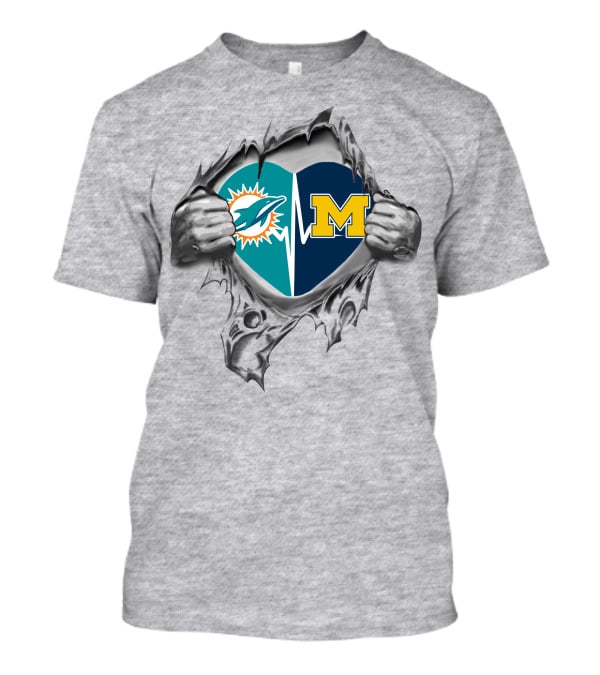 Miami Dolphins Michigan Wolverines Heart Torn T-Shirt
