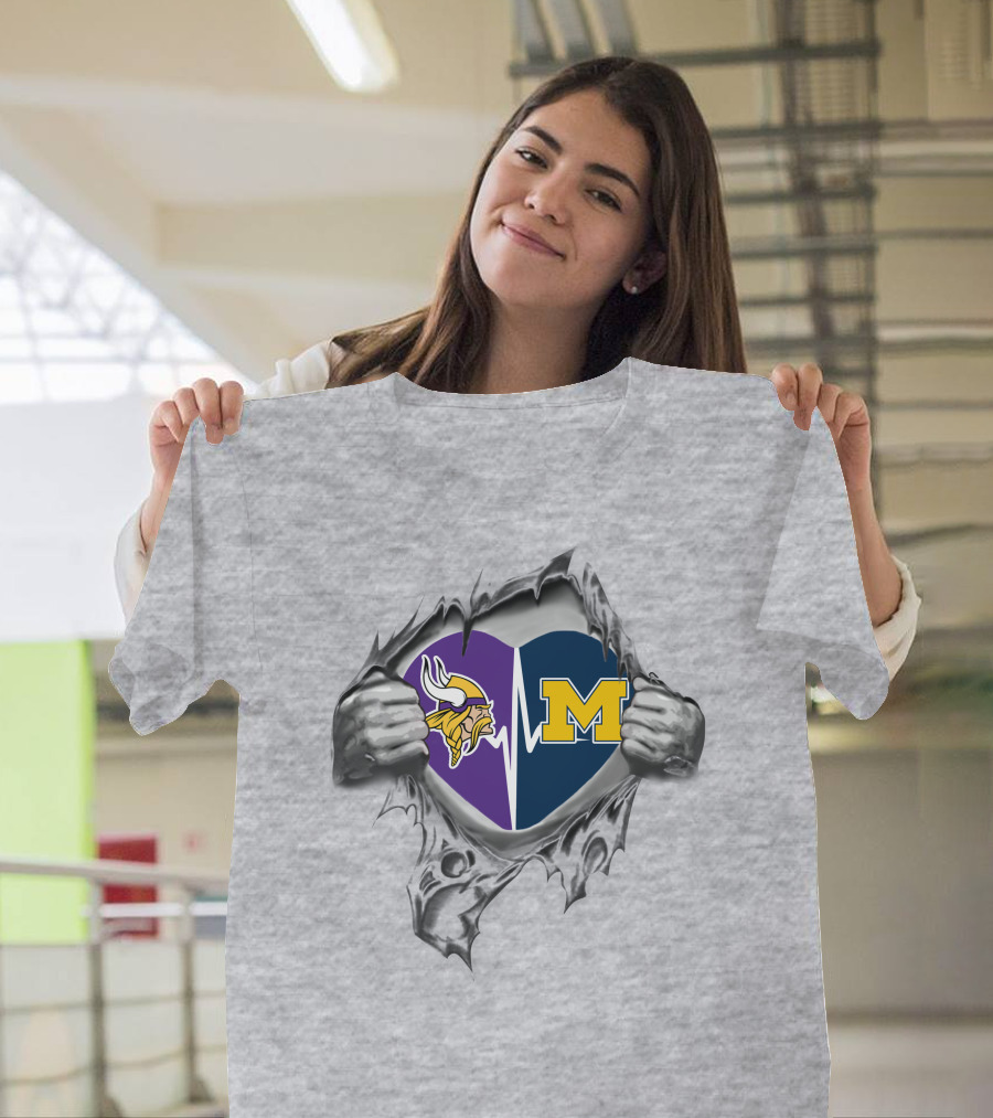 Michigan Wolverines Minnesota Vikings Heartbeat Logo Fusion T-Shirt