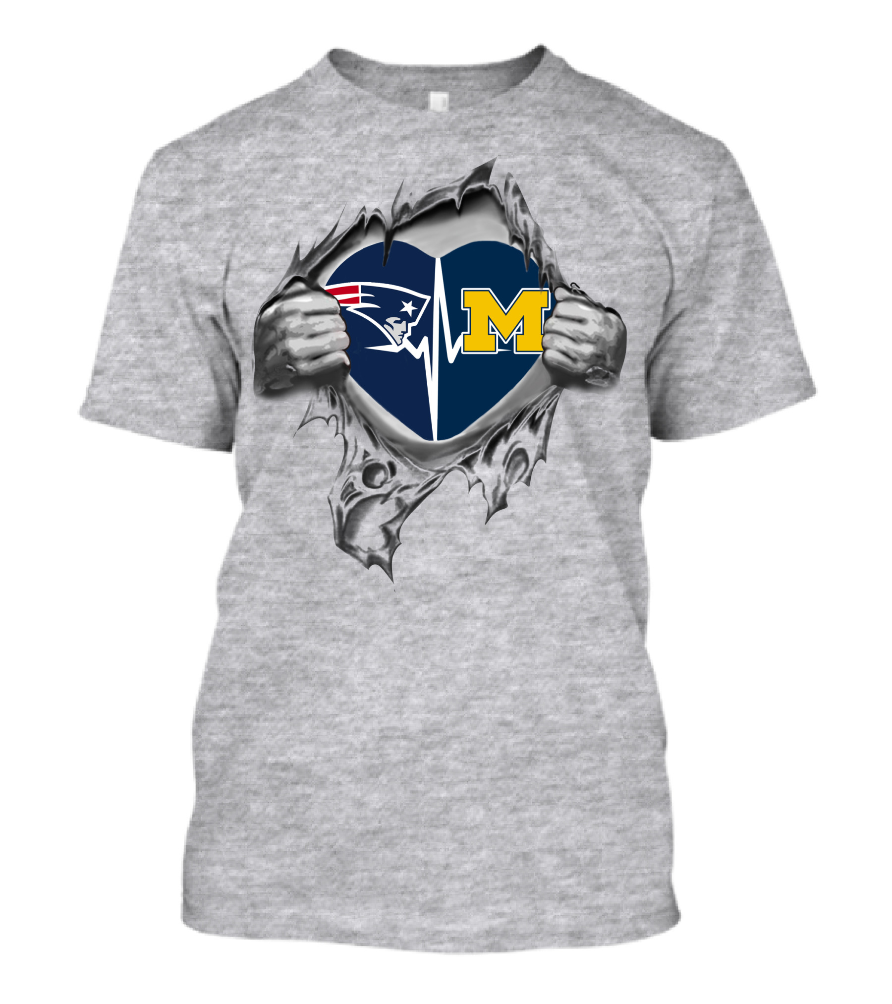 Michigan Wolverines New England Patriots Heartbeat Logo Fusion T-Shirt