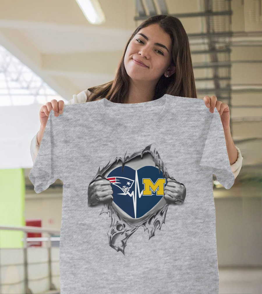 Michigan Wolverines New England Patriots Heartbeat Logo Fusion T-Shirt