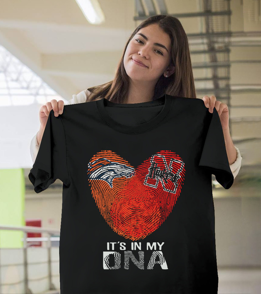 Denver Broncos Nebraska Cornhuskers Heart Thumbprint It's In My DNA T-Shirt