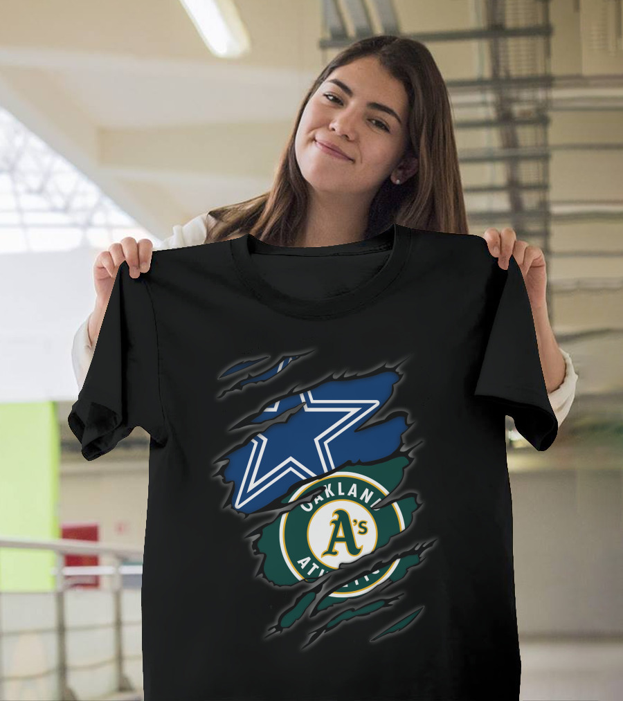 Dallas Cowboys And Oakland Athletics Dual Sports Logo Tear T-Shirt