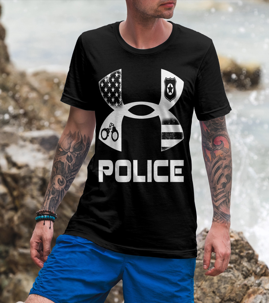 Police American Flag Badge Handcuffs T-Shirt