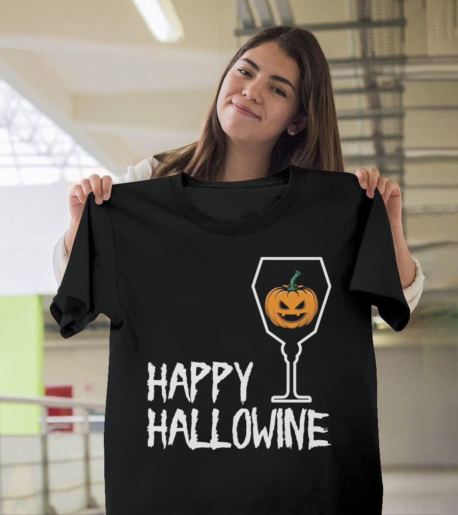 Happy Hallowine Jack-o'-Lantern Wine Glass Halloween Drinking Lover T-Shirt