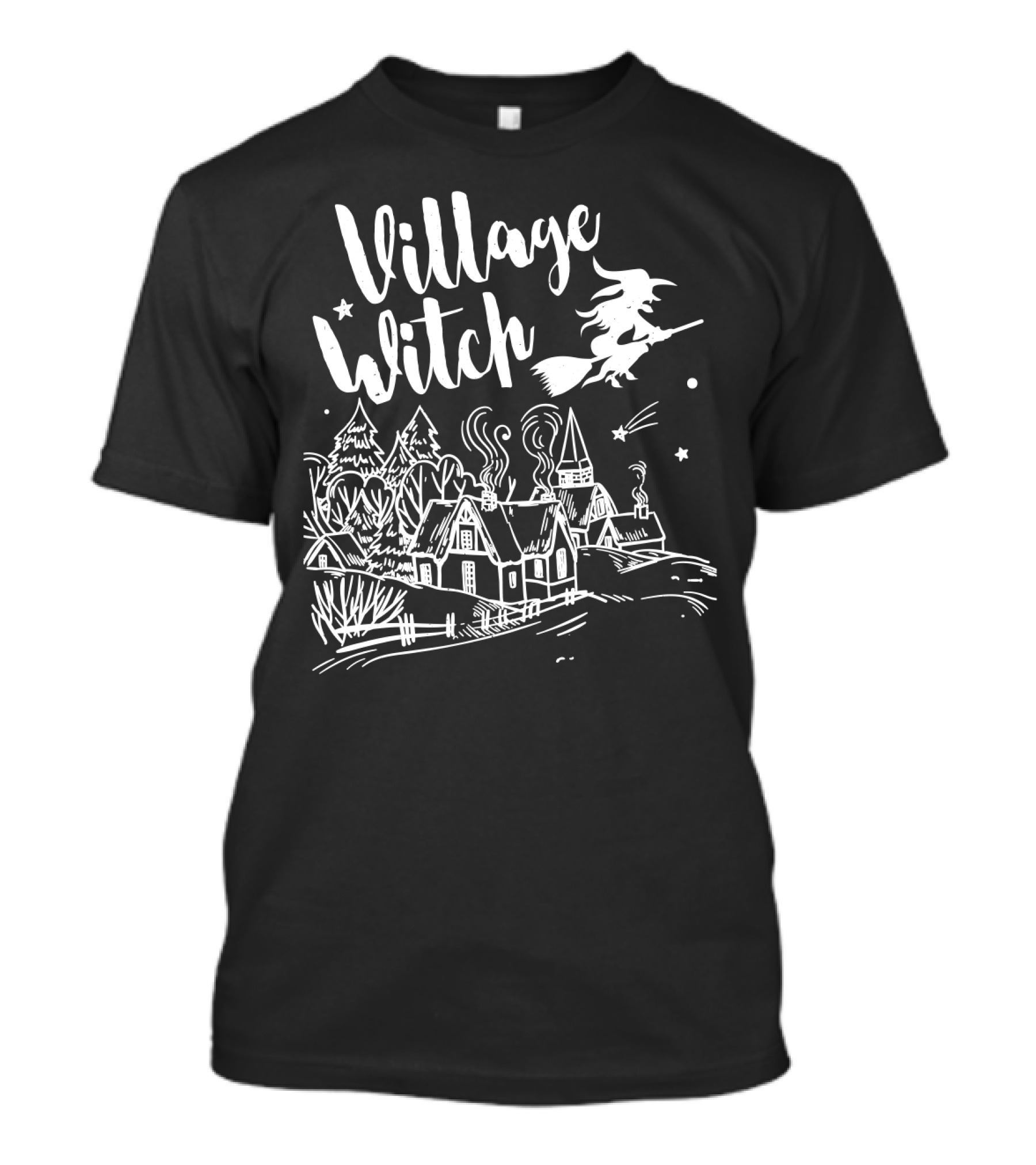 Village Witch Flying Over Enchanted Village Scene T-Shirt