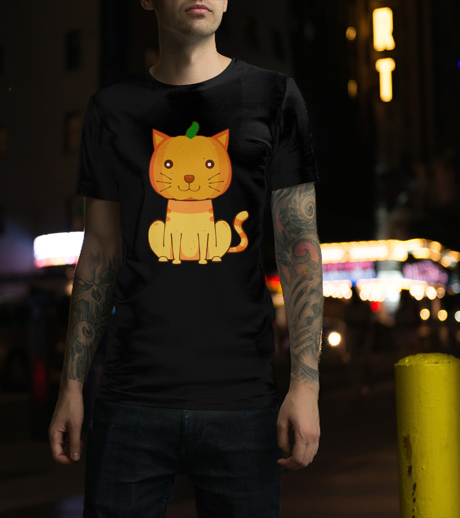 Halloween Pumpkin Cat Face And Striped Tail Whiskers T-Shirt