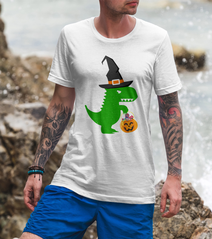 Witch Hat Dinosaur With Pumpkin Candy Bucket Halloween T-Shirt