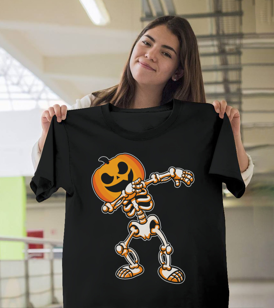 Dabbing Skeleton with Pumpkin Head Halloween Humor T-Shirt