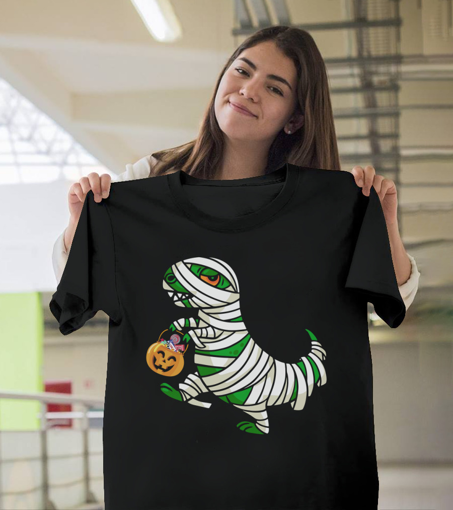 Mummy Dinosaur with Halloween Pumpkin and Candy Basket T-Shirt