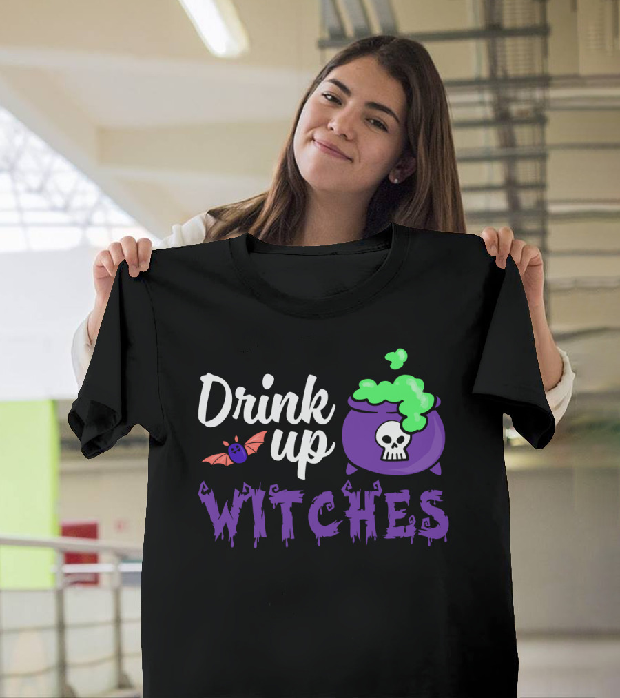 Drink Up Witches Purple Cauldron With Skull And Bat Elements T-Shirt