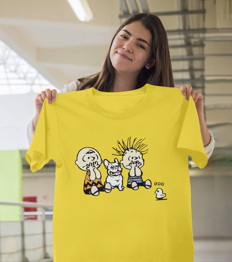 Frenchie Boo Cartoon Characters Surprise Yellow Background T-Shirt