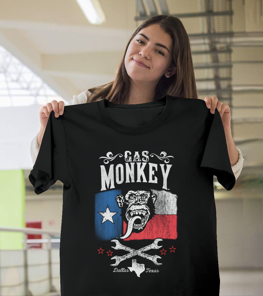 Gas Monkey Garage Dallas Texas Lone Star Flag Monkey Logo Wrenches Stars T-Shirt