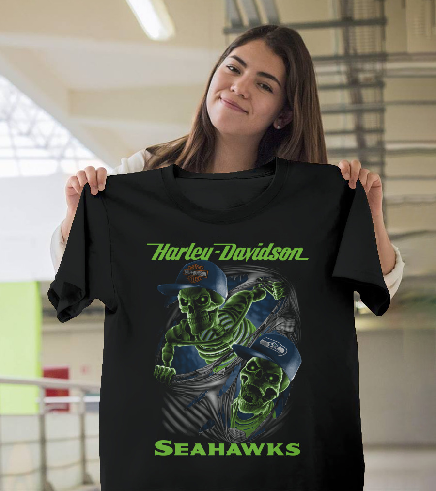 Harley Davidson Seattle Seahawks Skeletons T-Shirt