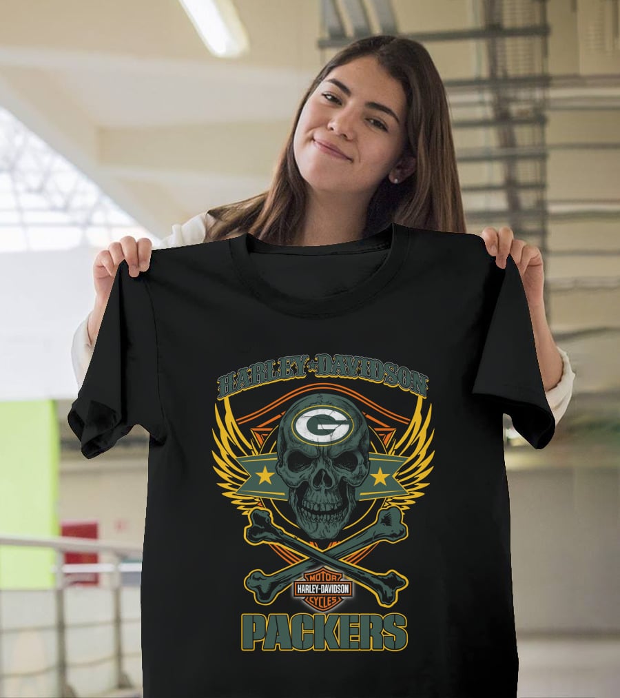 Harley Davidson Green Bay Packers Skull Motor Cycles T-Shirt