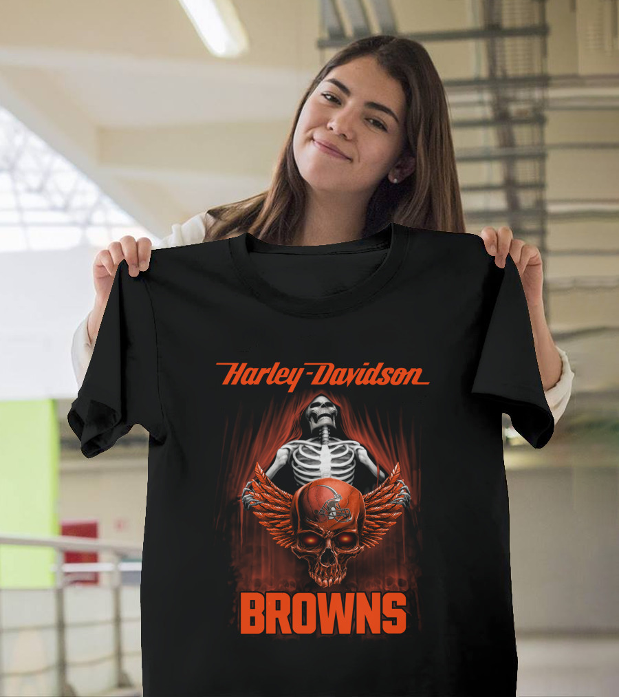 Harley Davidson Cleveland Browns Skull Wings T-Shirt