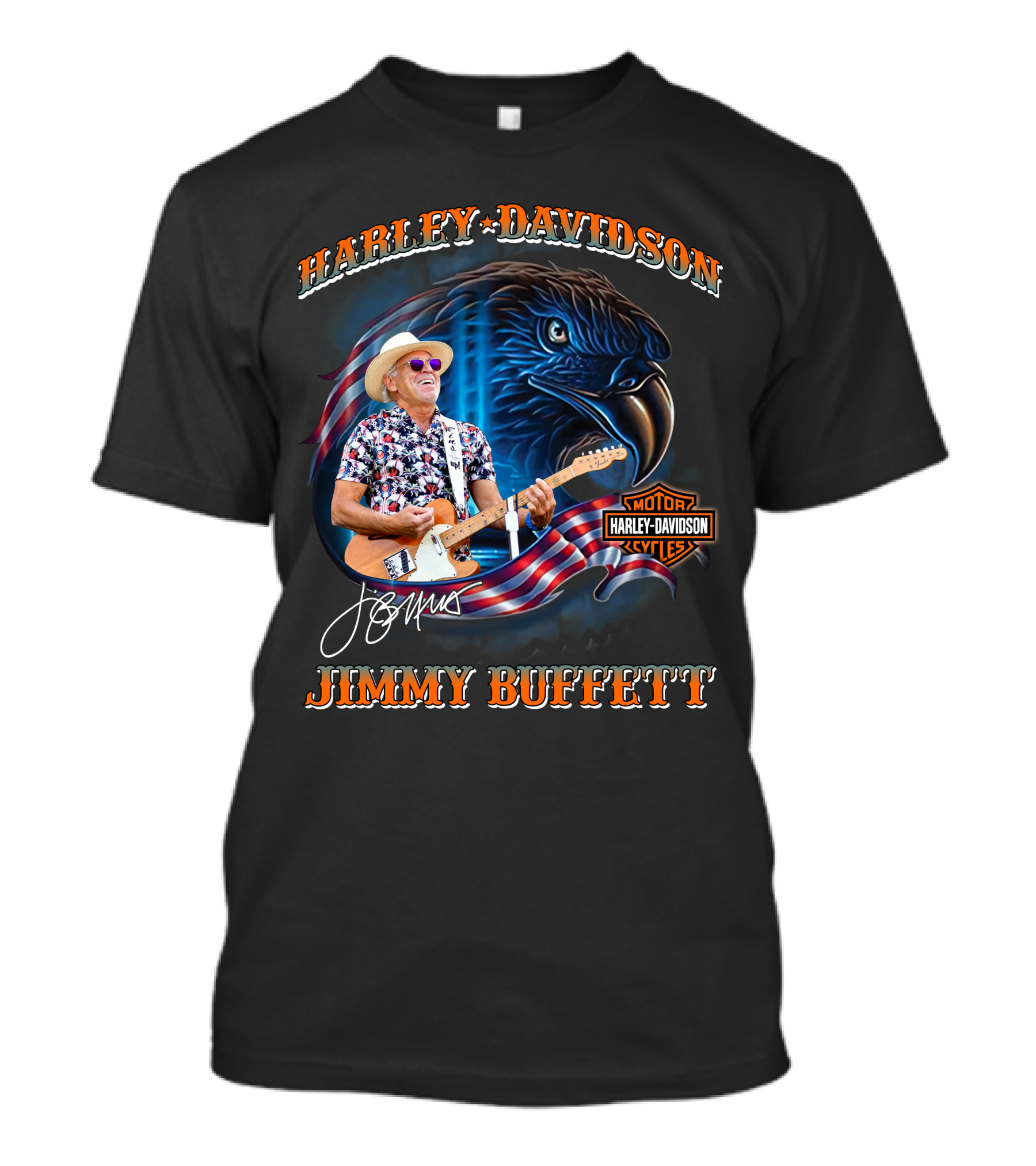 Harley Davidson Jimmy Buffett American Flag Eagle Guitar T-Shirt