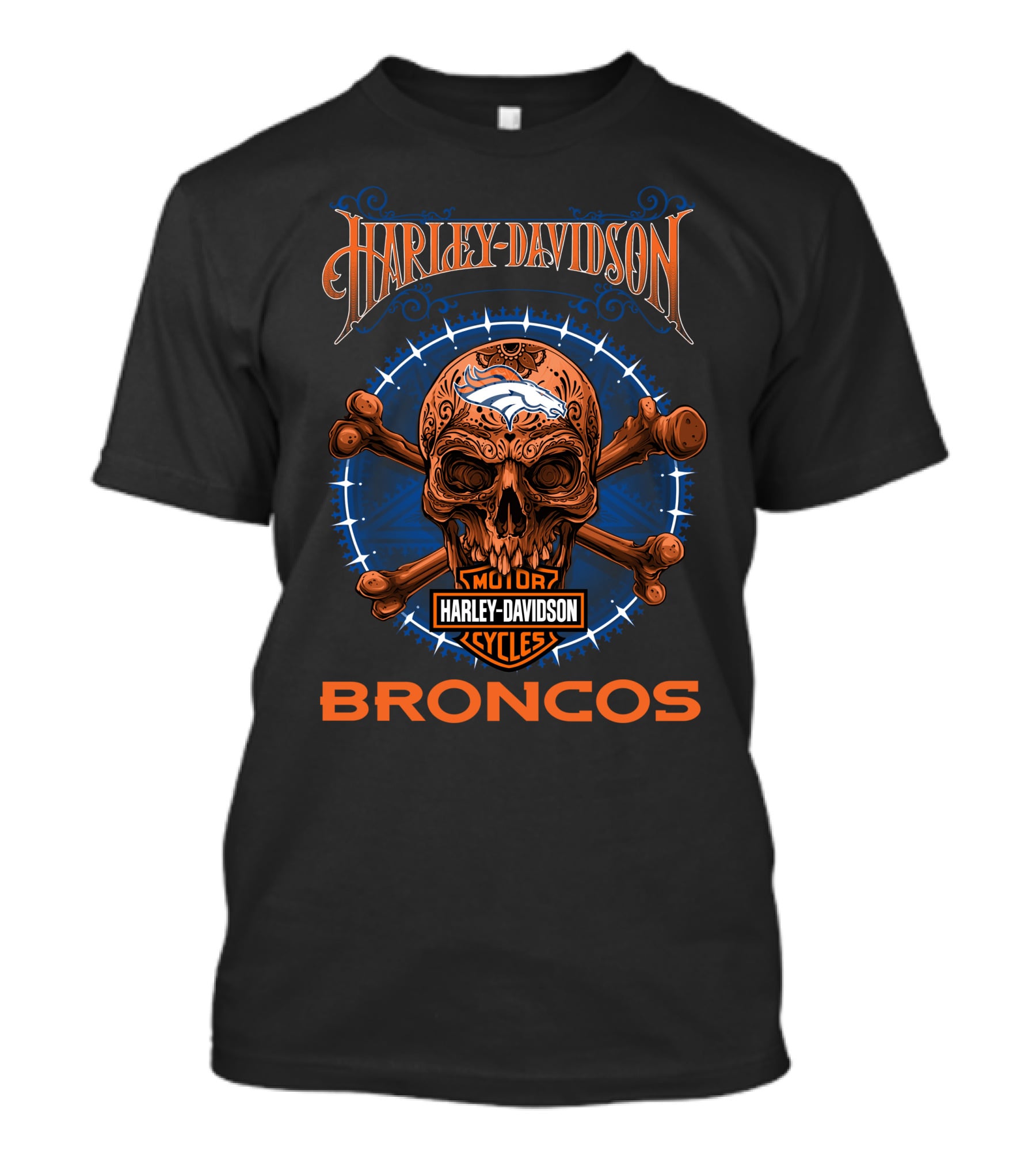 Harley Davidson Denver Broncos Motor Cycles Skull Em Up T-Shirt