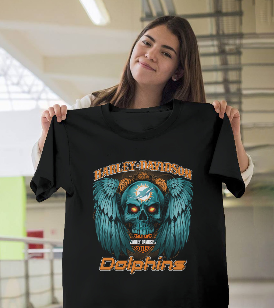 Harley Davidson Miami Dolphins Skull Wings T-Shirt