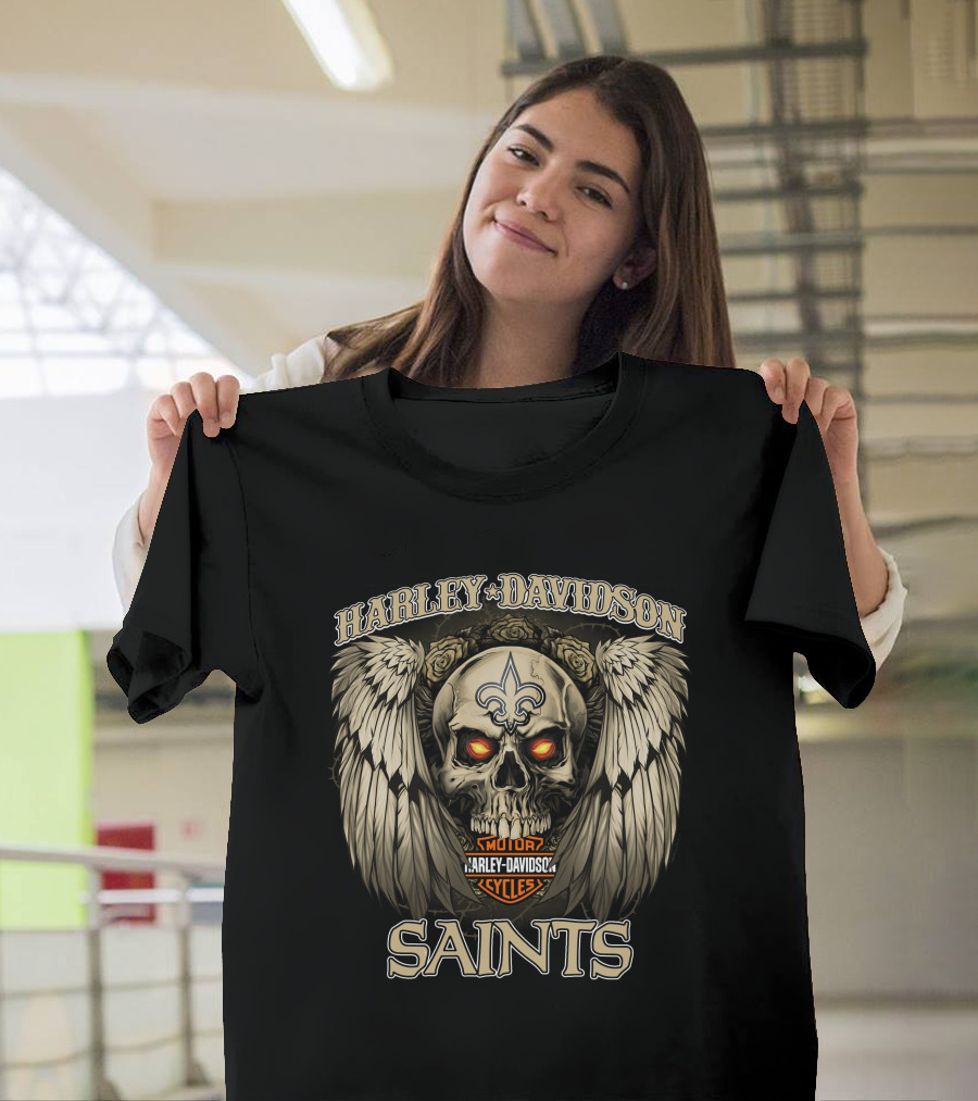 Harley Davidson Motor Cycles New Orleans Saints Skull Wings Fleur-De-Lis T-Shirt