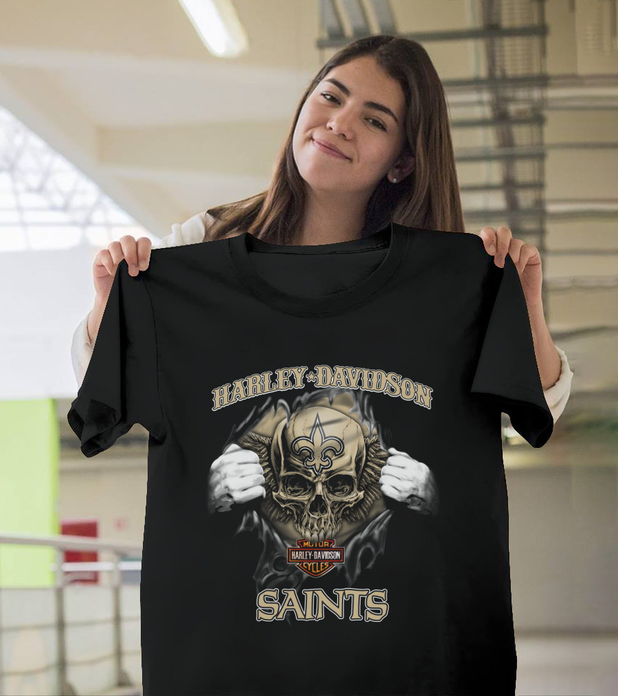 Harley Davidson Skull New Orleans Saints Nfl Major Cycles T-Shirt