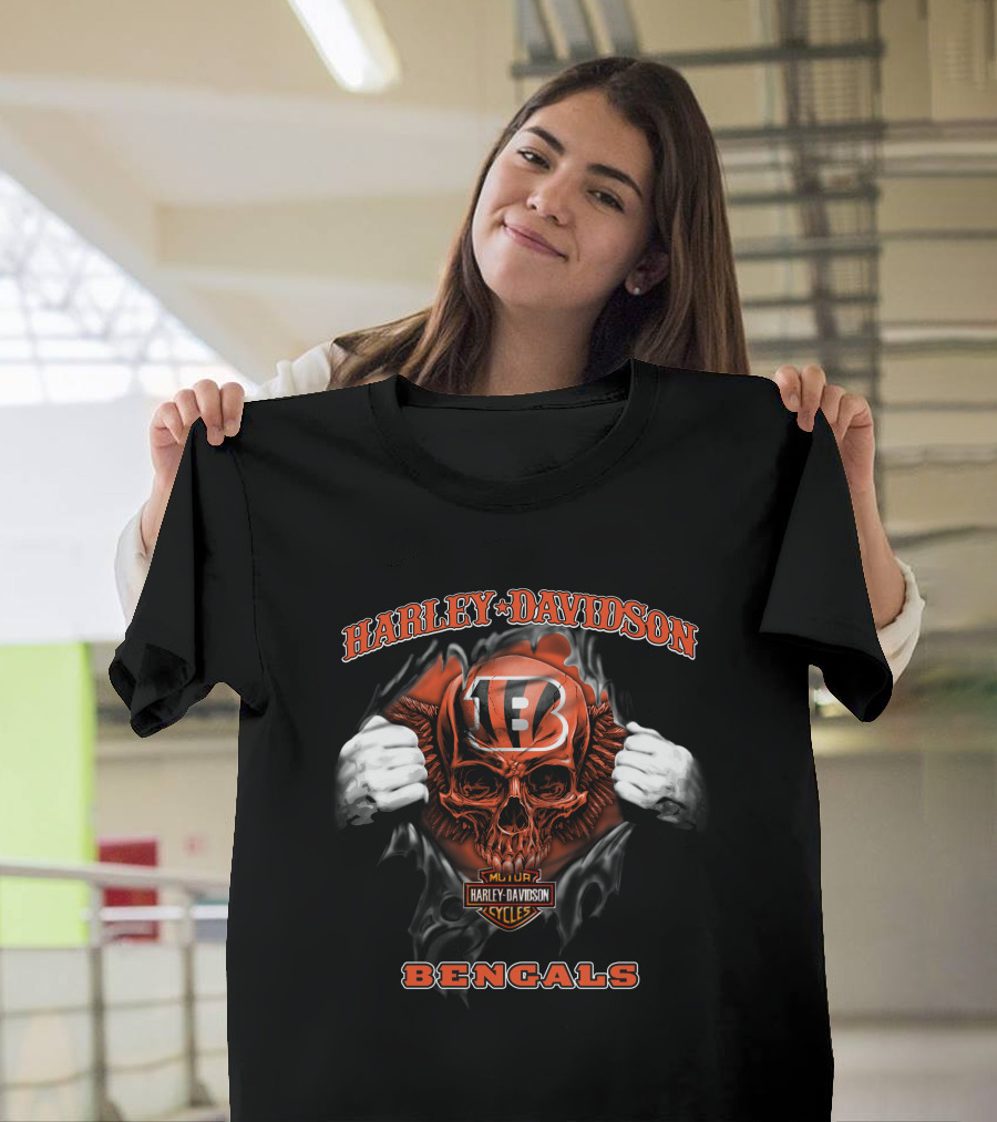 Harley Davidson Nfl Skull Cincinnati Bengals Motorcycles T-Shirt