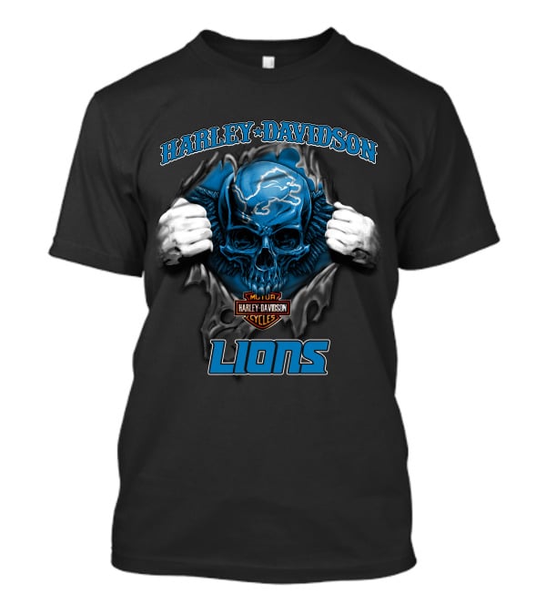 Harley Davidson Lions Nfl Skull Detroit Motor Cycles T-Shirt