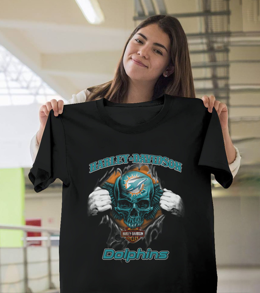 Harley Davidson Miami Dolphins Skull Nfl Cycles T-Shirt