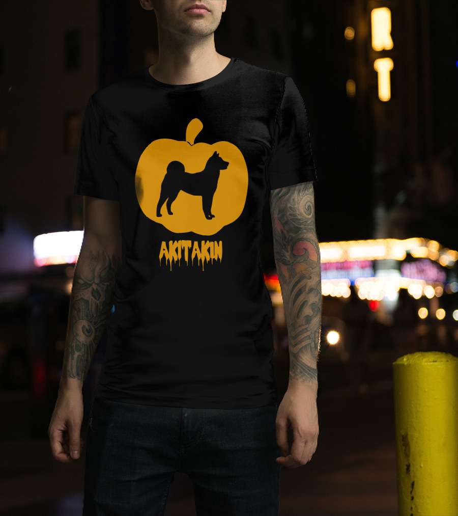 Akita Kin Silhouette Inside Pumpkin Shape T-Shirt